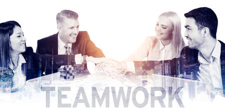 Double exposure of diversity business people joining hands together for partnership in the office with teamwork word while sitting with cityscape backgroundの写真素材