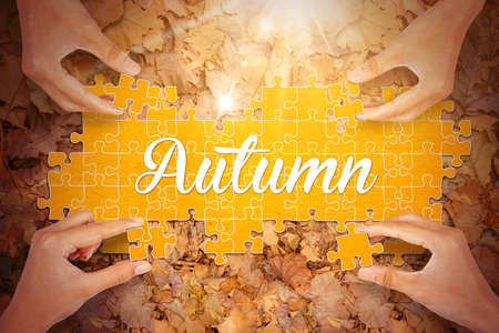 Close up of four young people hands arranging puzzle with autumn word above dried leaves