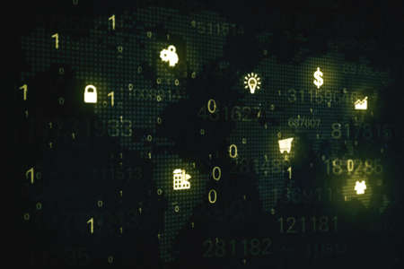 Image of code binary with program icons in cyberspace with virtual screen background