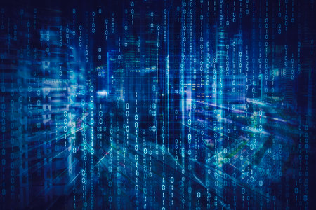 Double exposure of binary code with glowing city lights background in the cyberspace