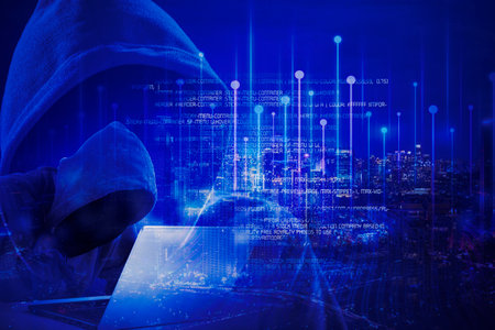 Double exposure of hacker stealing secret information in the cyberspace with smart city background