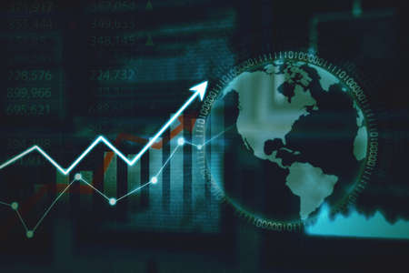 Double exposure of globe hologram and upward arrow with code binary background in cyberspace