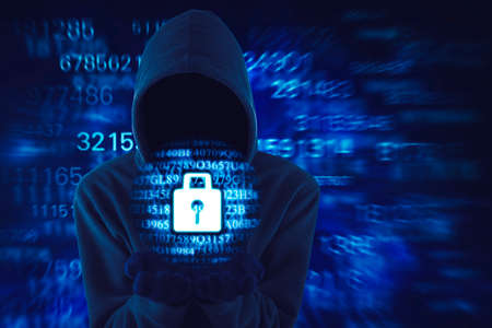 Double exposure of male hacker showing a security padlock virtual while stealing stock data...