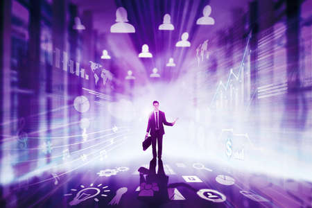 Male manager holding digital tablet and suitcase while standing in the metaverse with virtual screen...