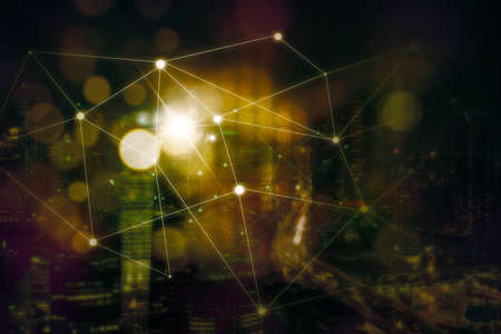 Double exposure of connection network lines with blurred smart city backgroundの写真素材