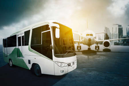 Image of bus and plane in the airport with sunlight background