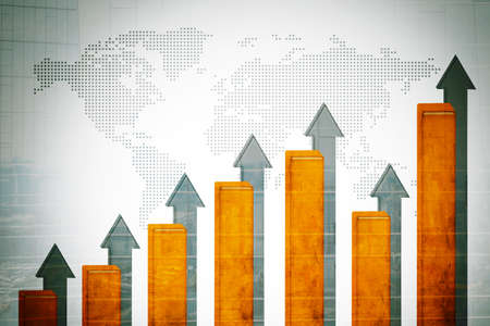 Image of upward arrows and growth chart with world map backgroundの写真素材