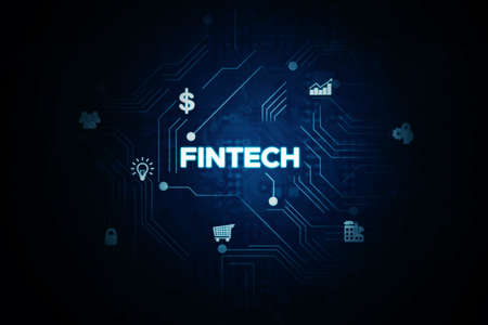 Image of fintech text and circuit board with virtual screen backgroundの写真素材