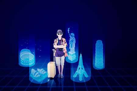 Preteen boy wearing sunglasses while standing with famous monument buildings in the cyberspace. Shot...
