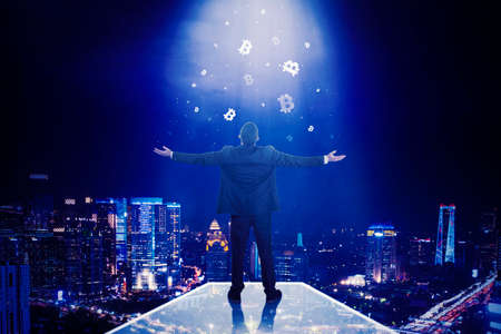 Rear view of male manager raising hands while standing under bitcoin symbols falling from the sky...