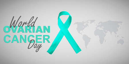 Close up of teal ribbon and world ovarian cancer day text and world map backgroundの写真素材