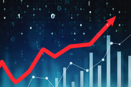 Red upward arrow with growth finance chart in the cyberspace with code binary backgroundの写真素材