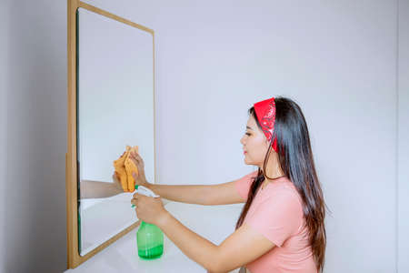Side view of housewife cleaning a mirror with a duster and spray at homeの写真素材