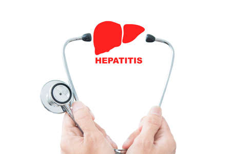 Close up of doctor hands holding a stethoscope with hepatitis word. Isolated on white background