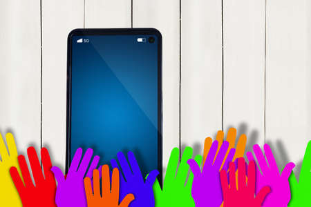 Group animation of colorful hands using a cellphone with 5G network connection