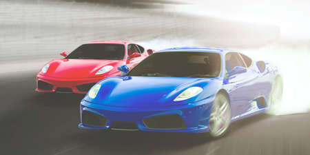 Two racing cars moving fast in the race track with smoke backgroundの写真素材