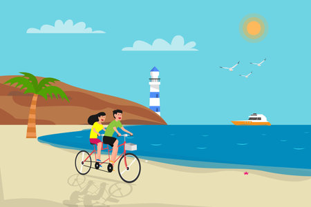 Happy couple riding tandem bicycle on beach vector illustration concept for banner, website, illustration, landing page, flyer, etc.のイラスト素材