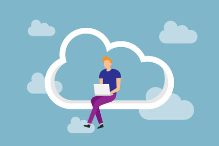 Entrepreneur sitting on cloud and working on laptop vector illustration concept for banner, website, illustration, landing page, flyer, etc.のイラスト素材
