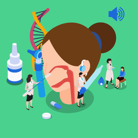 Otolaryngology - ENT doctor treating diseases of ear, nose, throat and neck isometric 3d vector illustration concept for banner, website, illustration, landing page, flyer, etc.のイラスト素材