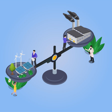 Scales with factories, industries and exhaust or alternative energy sources and solar panels isometric 3d vector illustration concept for banner, website, illustration, landing page, flyer, etc.のイラスト素材