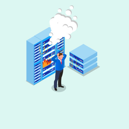 Servicing Server Racks with Burning Fire isometric 3d vector illustration concept for banner, website, illustration, landing page, flyer, etc.のイラスト素材