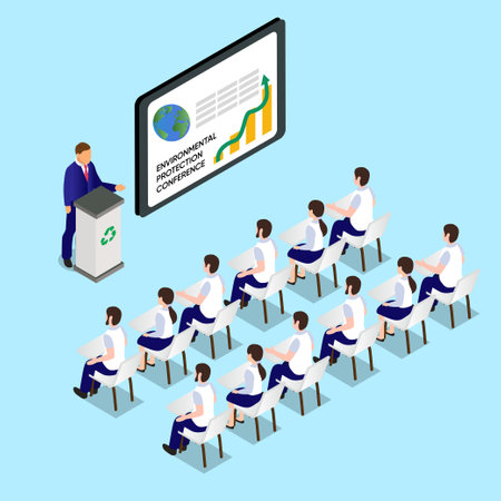 Ecologist giving presentation at environmental conference isometric 3d vector illustration concept for banner, website, illustration, landing page, flyer, etc.のイラスト素材