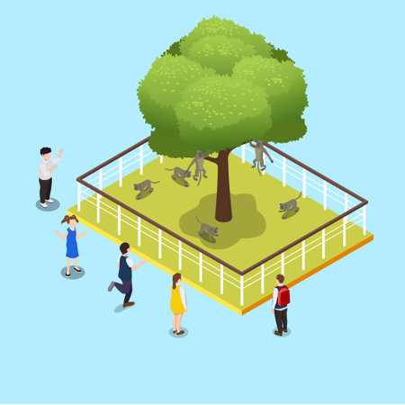 Children Looking At Monkeys at zoo isometric 3d vector illustration concept for banner, website, illustration, landing page, flyer, etc.のイラスト素材