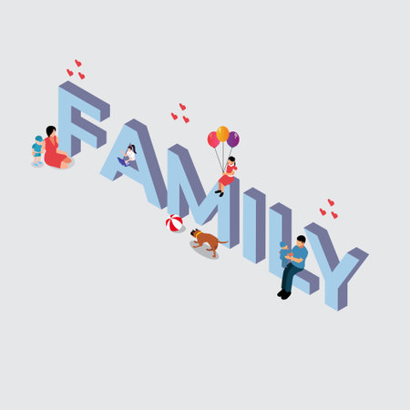 Big Family Text with Small Family Members isometric 3d vector illustration concept for banner, website, illustration, landing page, flyer, etc.のイラスト素材