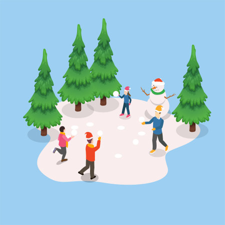 Winter Fun and Happy Family isometric 3d vector illustration concept for banner, website, illustration, landing page, flyer, etc.のイラスト素材
