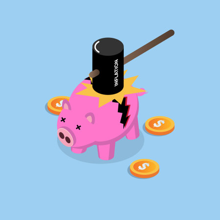 Broken piggy bank by inflation isometric 3d vector illustration concept for banner, website, illustration, landing page, flyer, etc.のイラスト素材
