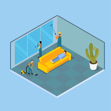 Cleaner people in uniform cleaning the house isometric 3d vector illustration concept for banner, website, illustration, landing page, flyer, etc.のイラスト素材