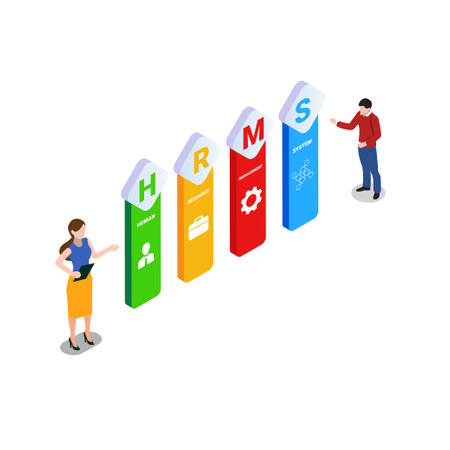 HRMS - Human Resource Management System acronym 3d isometric vector illustration concept for banner, website, landing page, ads, flyer templateのイラスト素材
