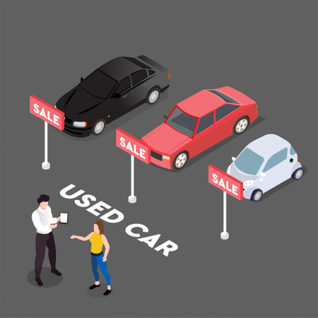 Used car sales person and customer 3d isometric vector illustration concept for banner, website, landing page, ads, flyer templateのイラスト素材