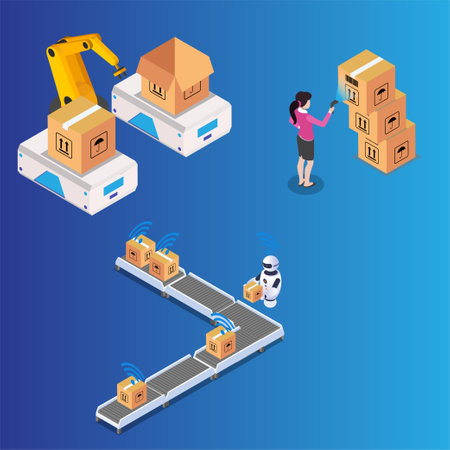 Woman scanning barcode with robots packing boxes 3d isometric vector illustration concept for banner, website, landing page, ads, flyer templateのイラスト素材