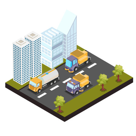 City cleaning machine road service 3d isometric vector illustration concept for banner, website, landing page, ads, flyer templateのイラスト素材
