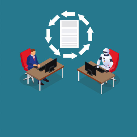 Human and humanoid robot team working together 3d isometric vector illustration concept for banner, website, landing page, ads, flyer templateのイラスト素材