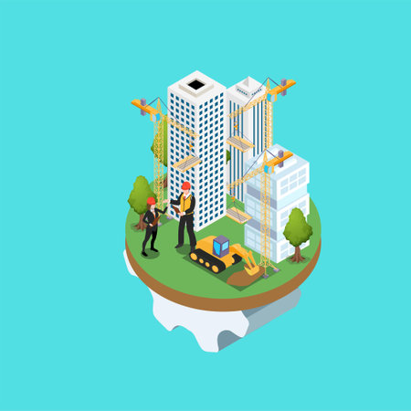 Engineers in hard hats discuss new real estate project 3d isometric vector illustration concept for...