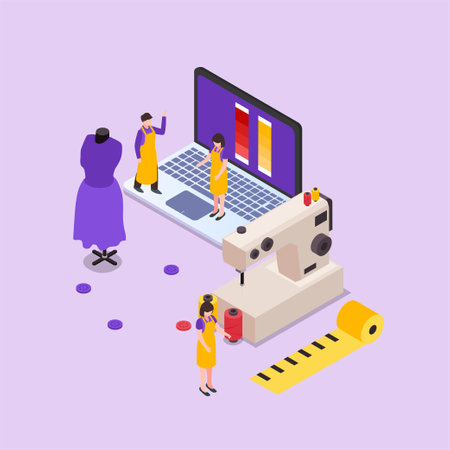 Online fashion workshop 3d isometric vector illustration concept for banner, website, landing page, ads, flyer templateのイラスト素材