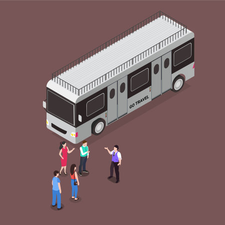 Travel Agency bus with tourists and guide isometric 3d vector illustration concept for banner, website, illustration, landing page, flyer, etc.のイラスト素材