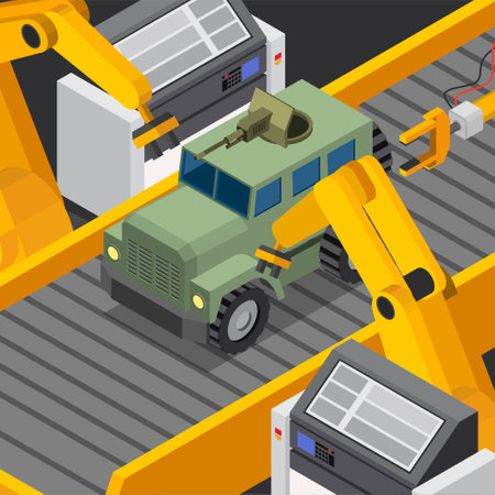 Automation army vehicle on assembly isometric 3d vector illustration concept for banner, website, illustration, landing page, flyer, etc.のイラスト素材