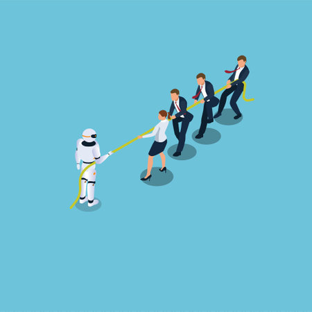 Four office workers having a game of tug of war with one robot - Manual vs RPA isometric 3d vector illustration concept for banner, website, illustration, landing page, flyer, etc.のイラスト素材
