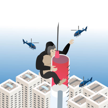 Giant gorilla fights with medical helicopters isometric 3d vector illustration concept for banner, website, illustration, landing page, flyer, etc.のイラスト素材