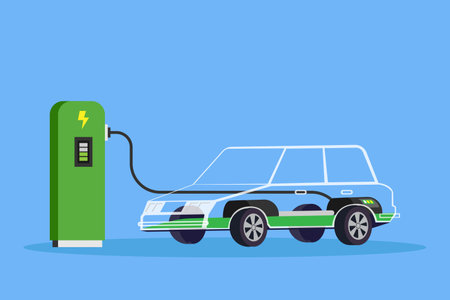 Charging electric car 2d vector illustration concept for banner, website, illustration, landing page, flyer, etc.のイラスト素材