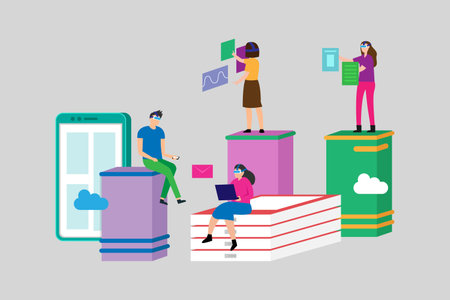 Young people virtual learning 2d vector illustration concept for banner, website, illustration, landing page, flyer, etc.のイラスト素材