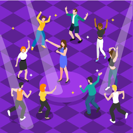 Young multi ethic people couples dancing at disco club isometric 3d vector illustration concept for banner, website, illustration, landing page, flyer, etc.のイラスト素材