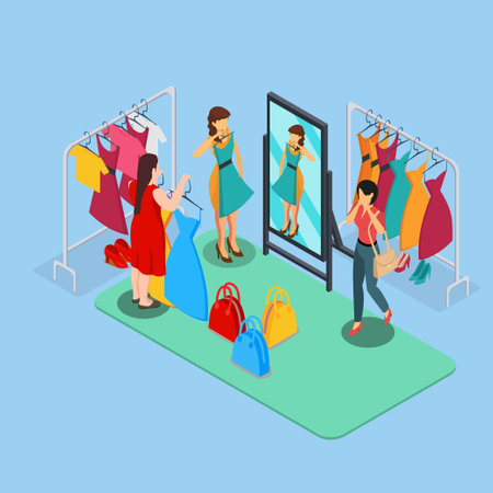 Women try on dresses in clothing boutique isometric 3d vector illustration concept for banner, website, illustration, landing page, flyer, etc.のイラスト素材