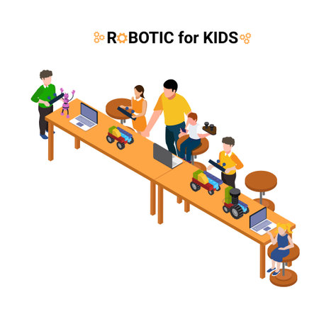 Coding robotics for kids isometric 3d vector illustration concept for banner, website, illustration, landing page, flyer, etc.のイラスト素材