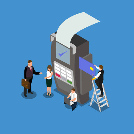 People with credit card payment terminal isometric 3d vector illustration concept for banner, website, illustration, landing page, flyer, etc.のイラスト素材