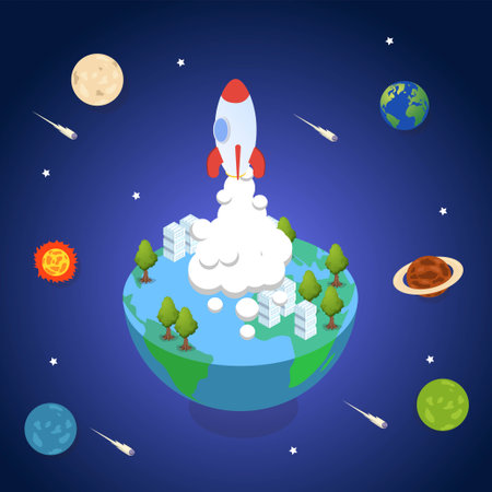 Rocket flying in space isometric 3d vector illustration concept for banner, website, illustration, landing page, flyer, etc.のイラスト素材