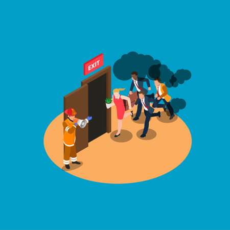 Fireman with Megaphone Announce Fire Emergency Evacuation isometric 3d vector illustration concept...
